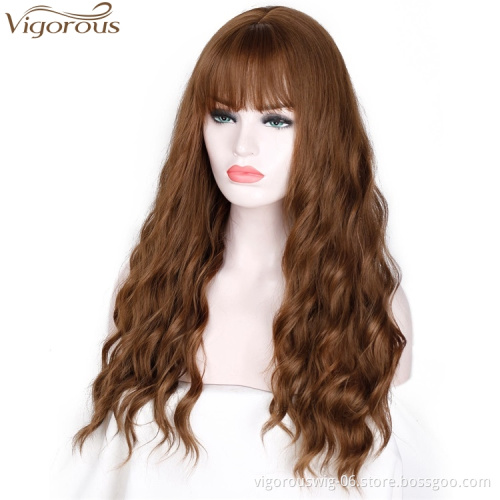 Vigorous Long Wavy Women's Wig 24 Inch Synthetic Brown Hair With Bangs Natural Wavy High Temperature Fiber Wig